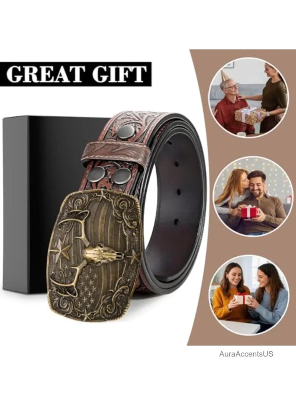 PU Leather Western Belt, Adjustable Cowboy Belt with 3D Buckle